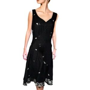 PARAPHRASE Linen Blend Black Fit Flare Dress Midi Embroidered Floral Size 6